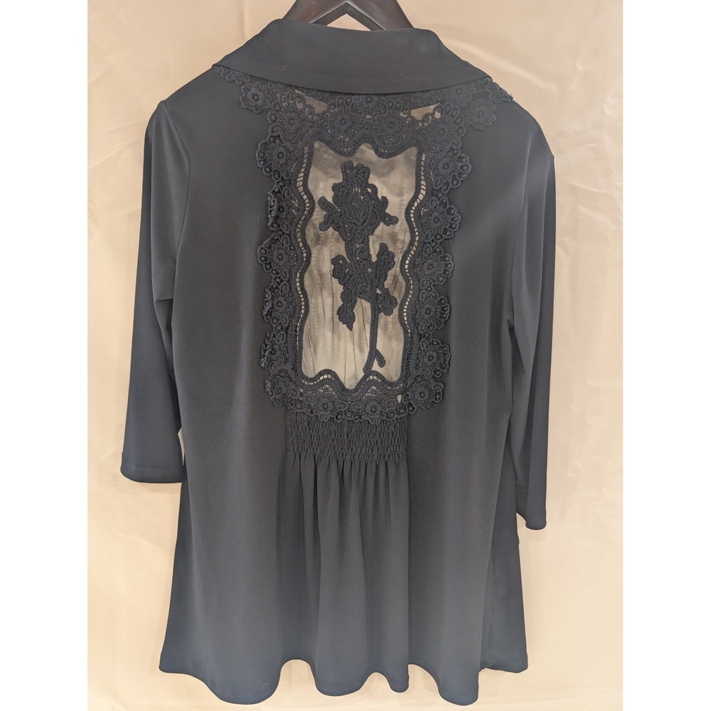Travel by Tribal Womens Large Black Lace Trim Open Front Cardigan Top - Picture 3 of 6